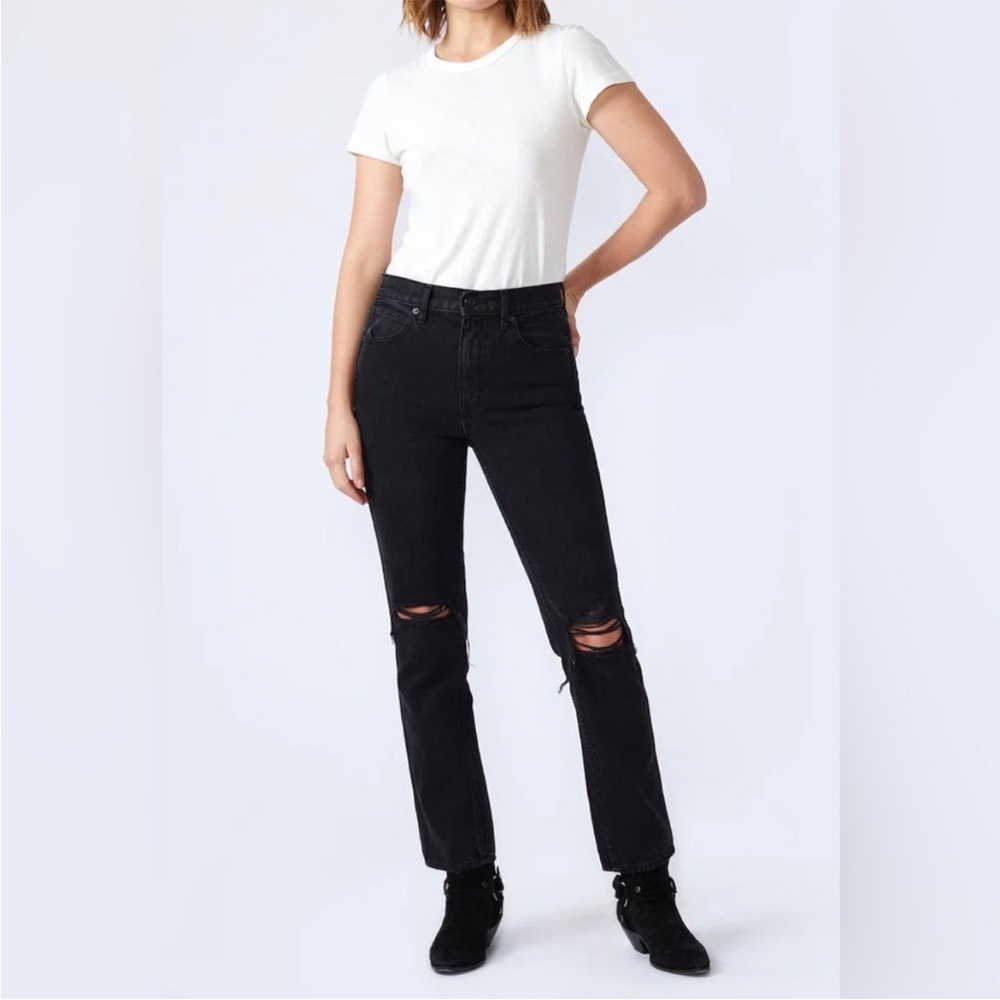 SLVRLAKE virginia slim shadow ridge destructed high rise straight black jeans 27